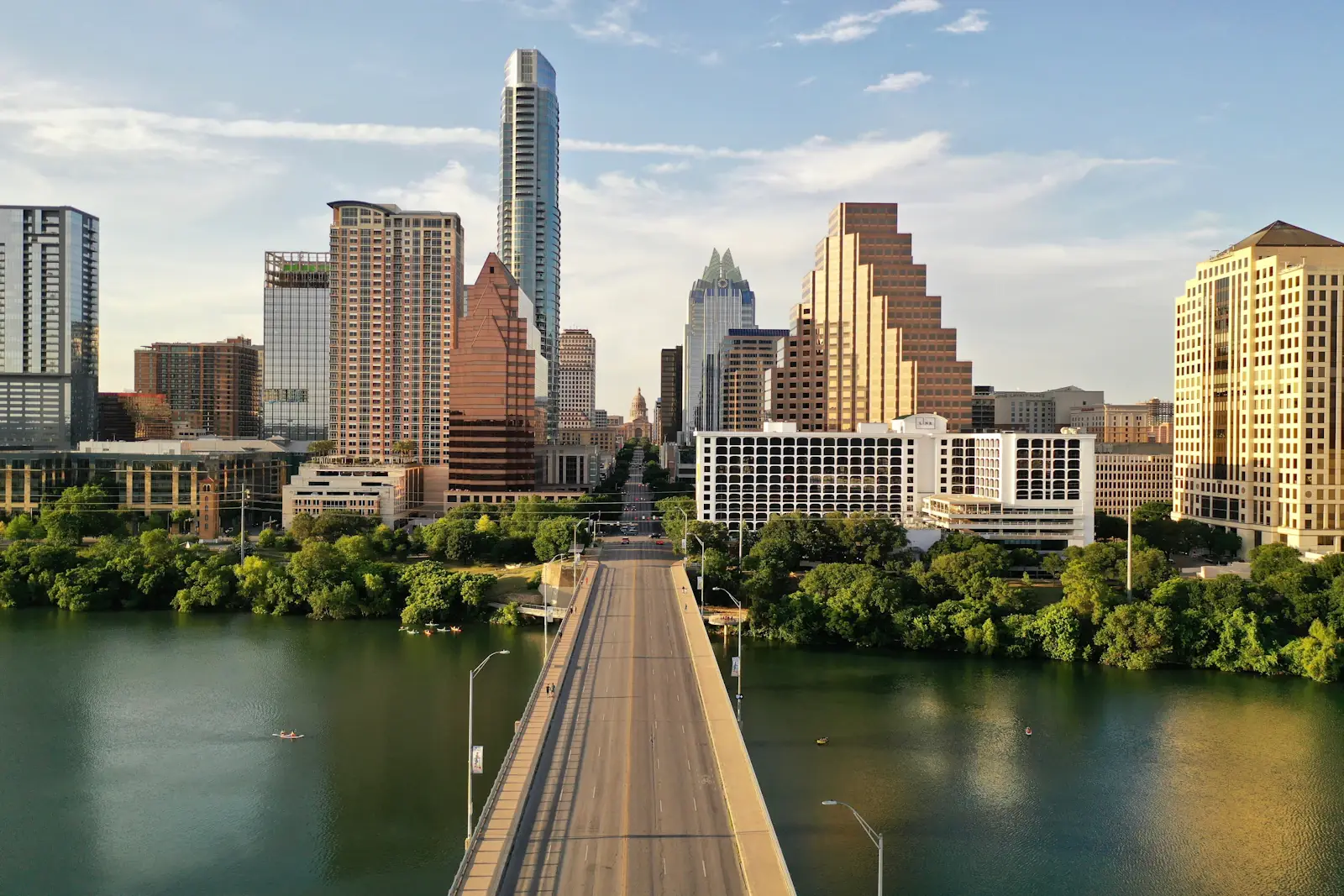 Downtown Austin towers and the Texas Capitol seen from the South Congress bridge