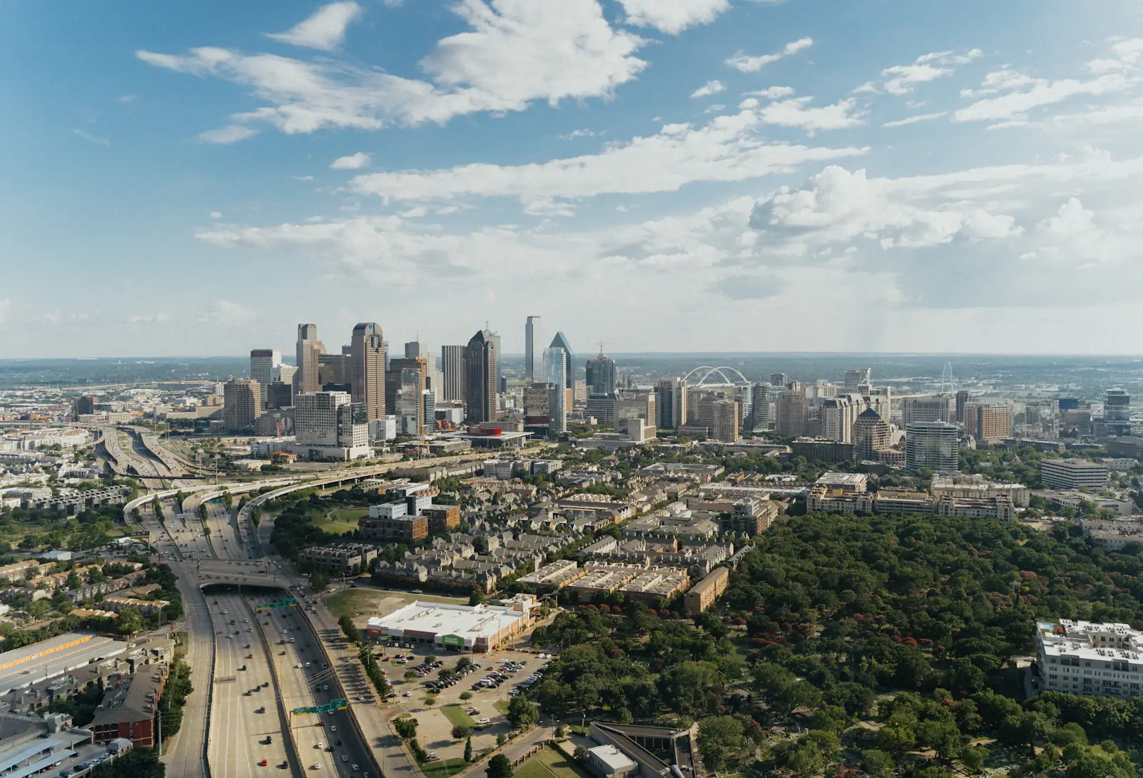 Aerial view of Downtown Dallas office towers in daylight