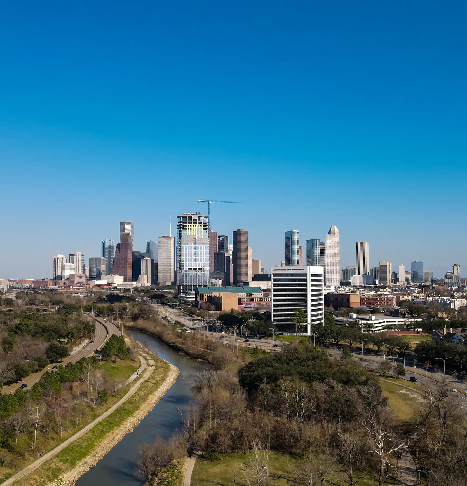 Downtown Houston towers seen from the banks of Buffalo Bayou