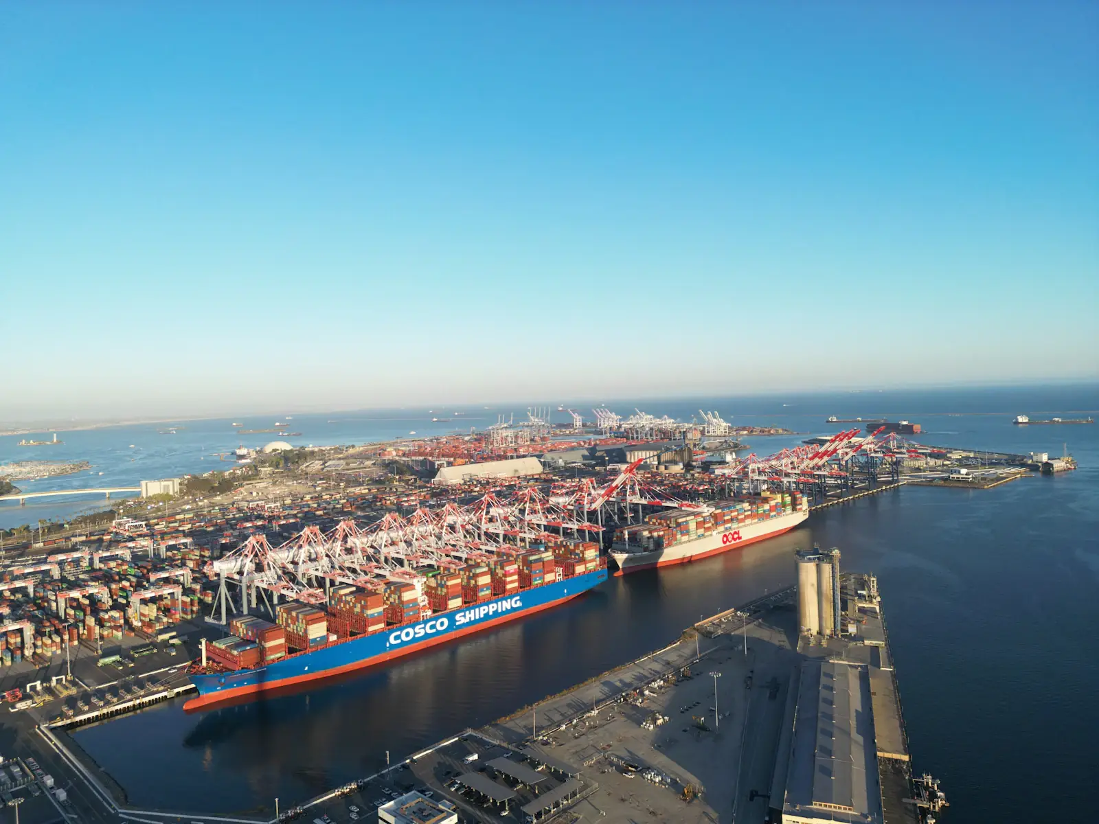 Aerial view of a loaded container ship at the Port of Long Beach