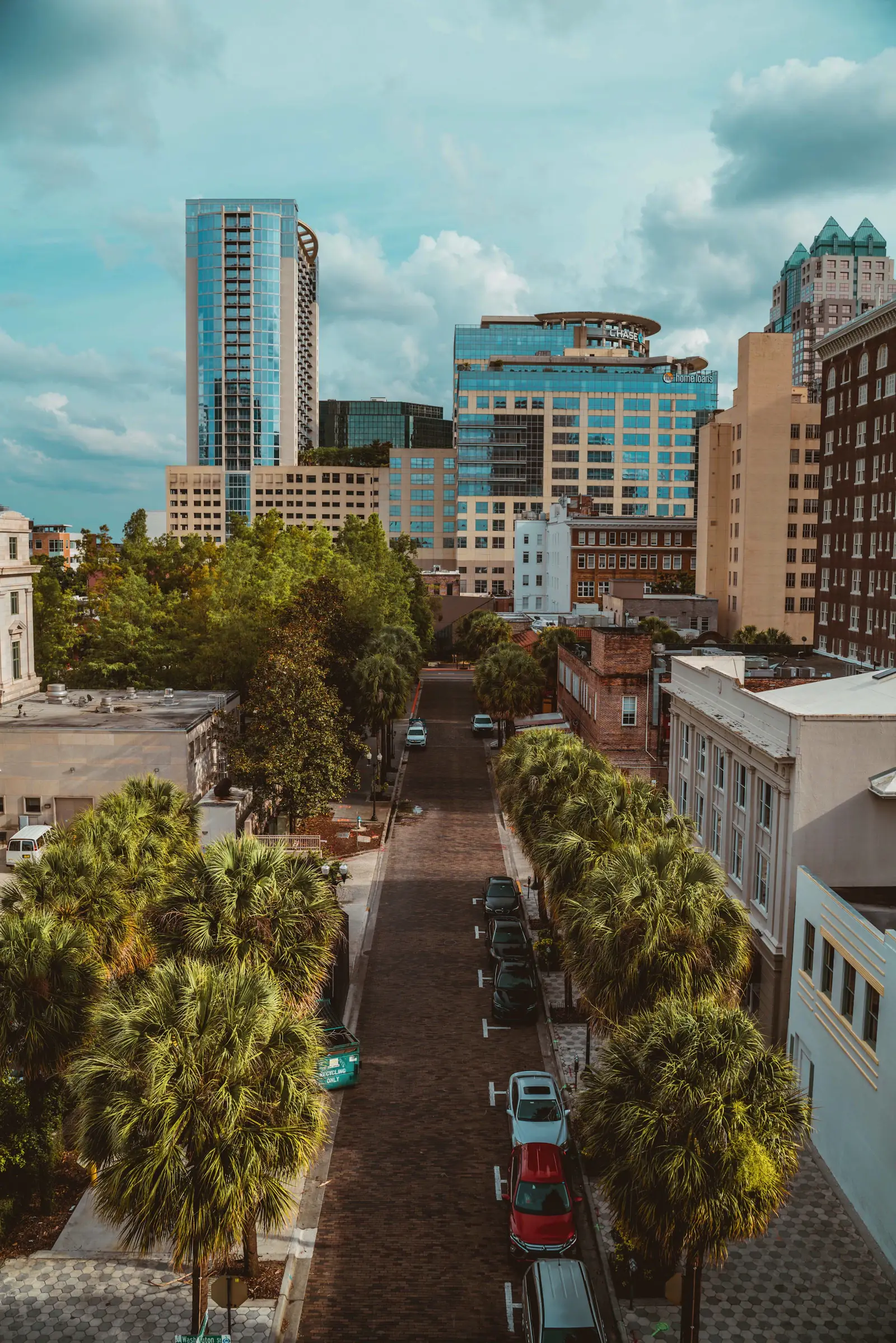 High-rise office buildings in downtown Orlando above a parking lot