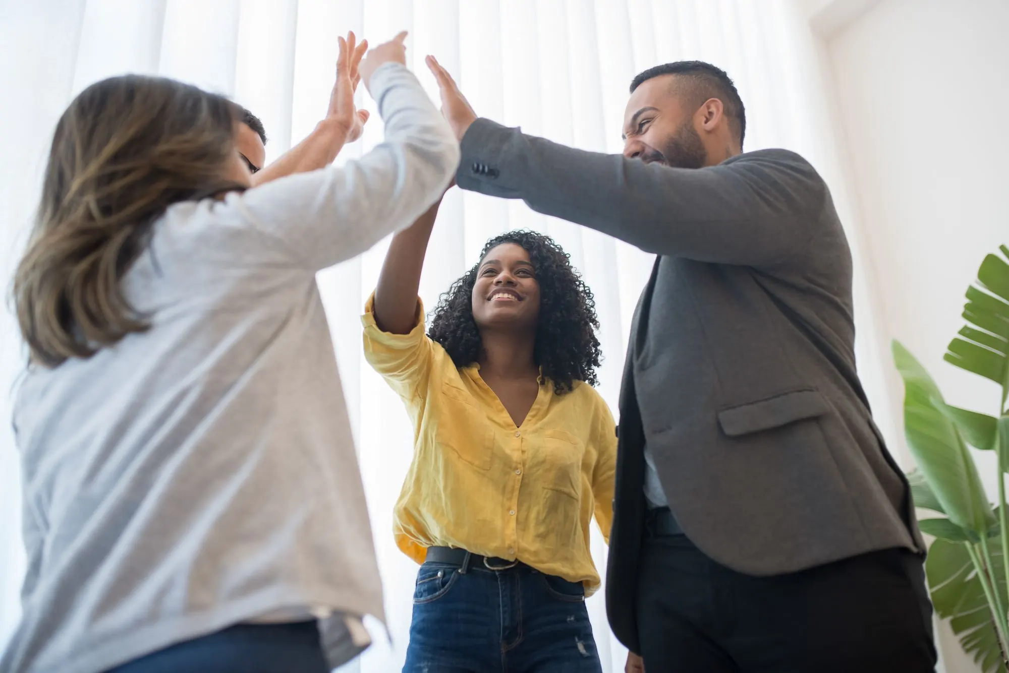 Colleagues high-fiving to celebrate a win in a bright office